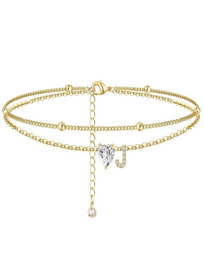 MYYOII Ankle Bracelets for Women Waterproof 14K Gold Plated CZ Initial Anklet for Women Dainty Layered Letter Heart Ankle Bracelets Handmade Adjustable Foot Chain Anklet Summer Beach Jewelry J - Image 1